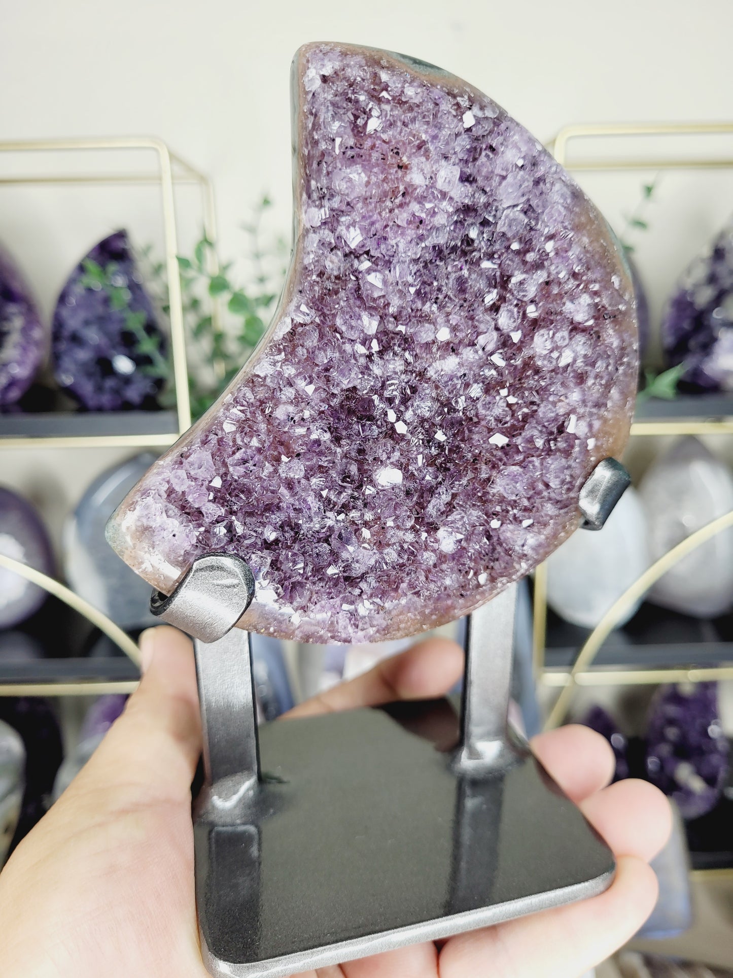 Druzy Agate Amethyst Moon Carving on Metal Stand/ High Quality Crystals/ Healing Crystals/ Crystals on Stands/ Calming Crystals