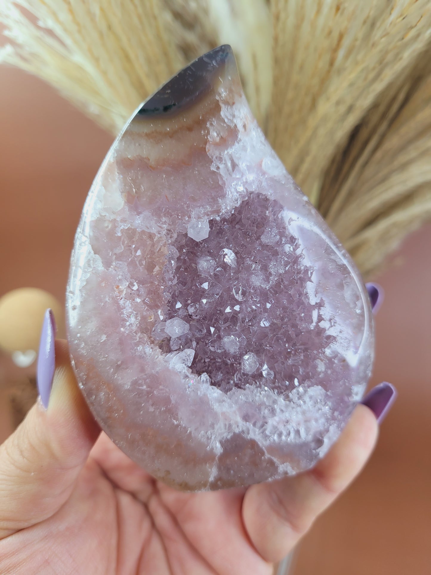 Druzy Amethyst and Calcite Flame/Freeform/ Amethyst/ High Quality Crystals/ Gifts for Him/ Gifts for Her/ Healing  Crystals/ Calming/ Pink