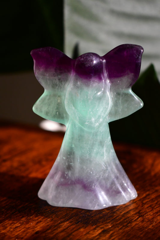 Hand Carved Rainbow Fluorite Self Standing Angel Carving