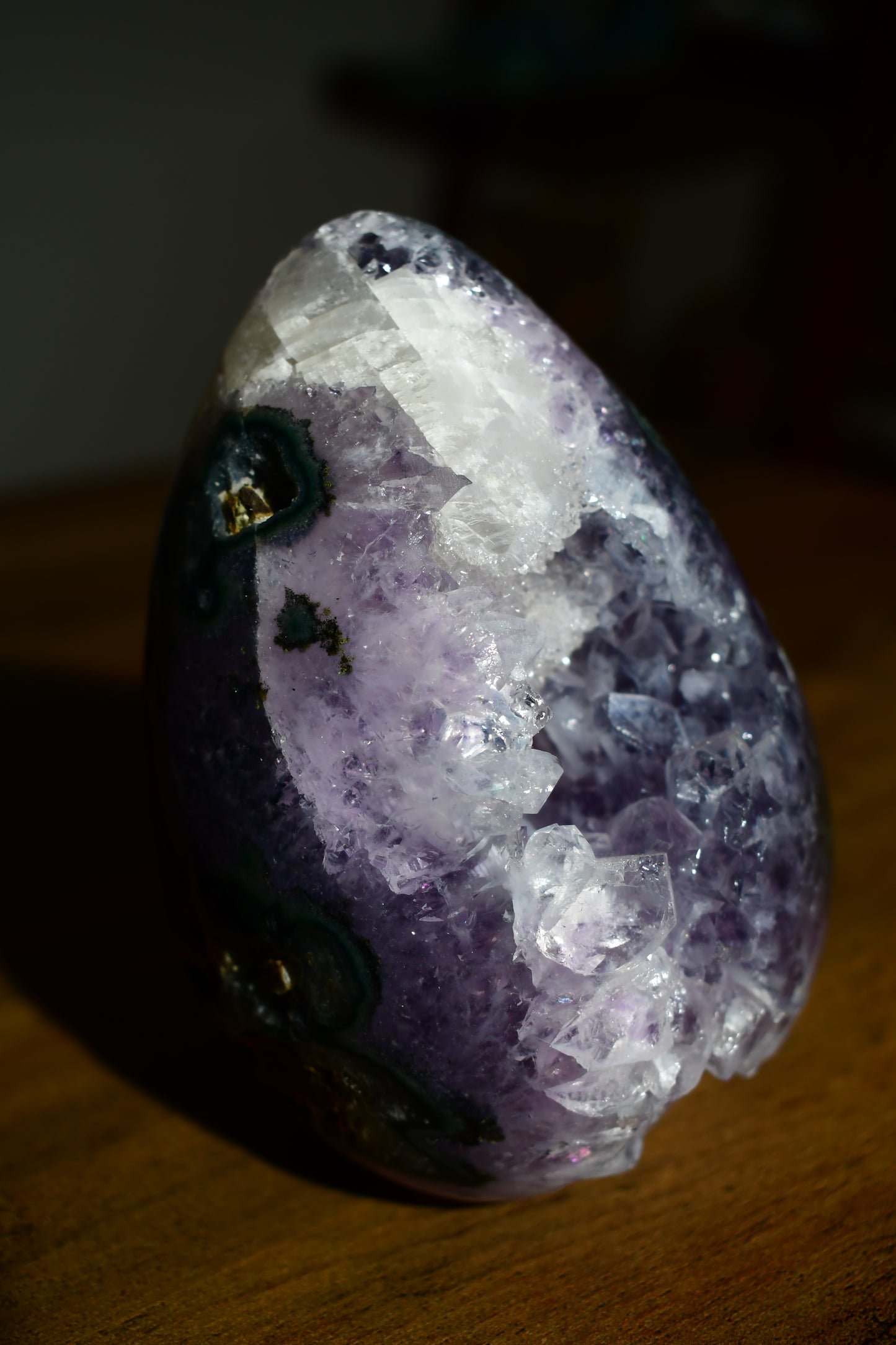 Druzy Amethyst Egg Carving on Wood Stand/ High Quality Crystals/ Healing Crystals/ Crystals on Stands/ Brazilian Crystals/ Home Decor/ Gifts