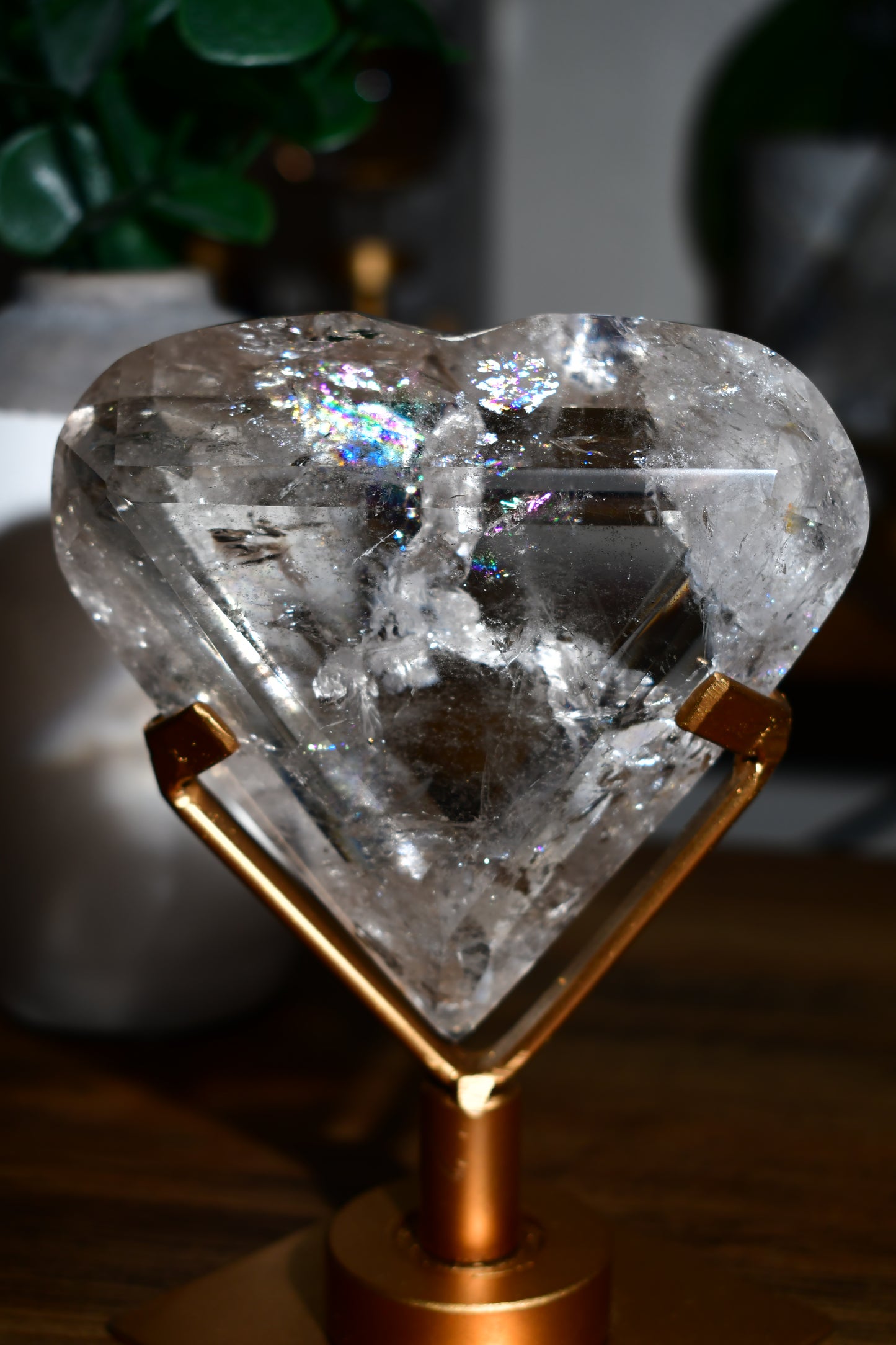 Lemurian Heart Carving with Rainbows on Spinning Stand