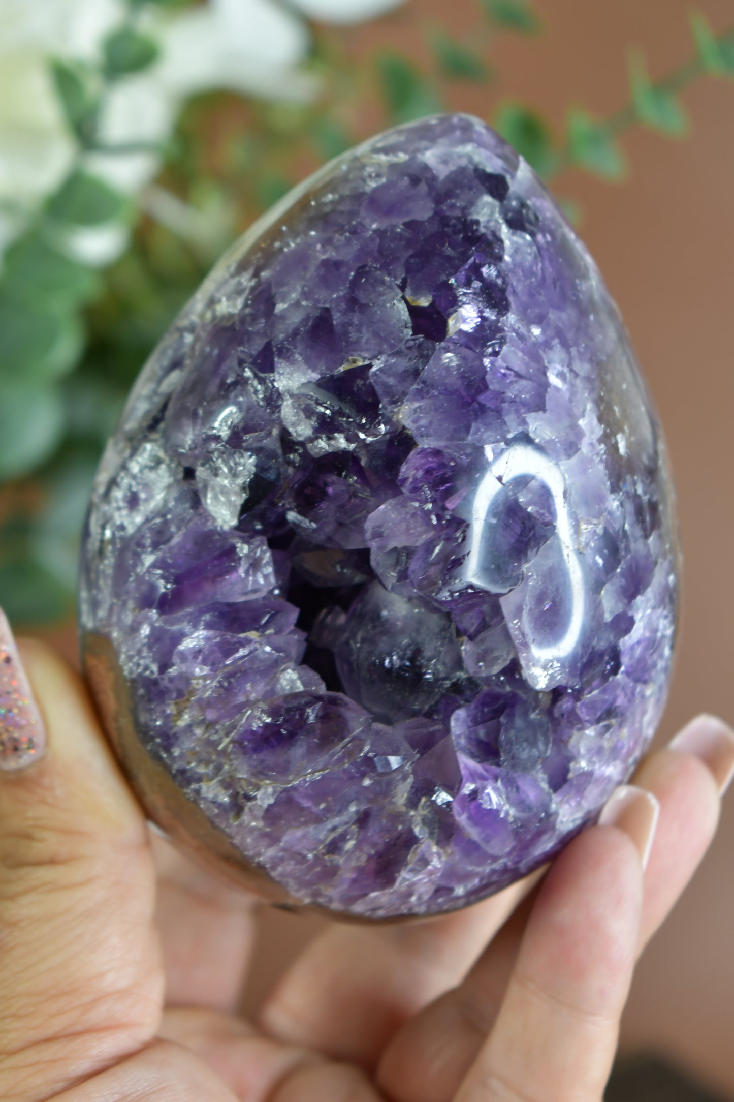 Druzy Amethyst Egg Carving on Wood Stand/ High Quality Crystals/ Healing Crystals/ Crystals on Stands/ Brazilian Crystals/ Home Decor/ Gifts