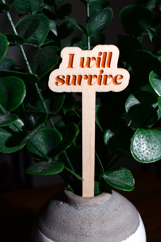 Funny Wooden Plant Marker - "I will Survive"