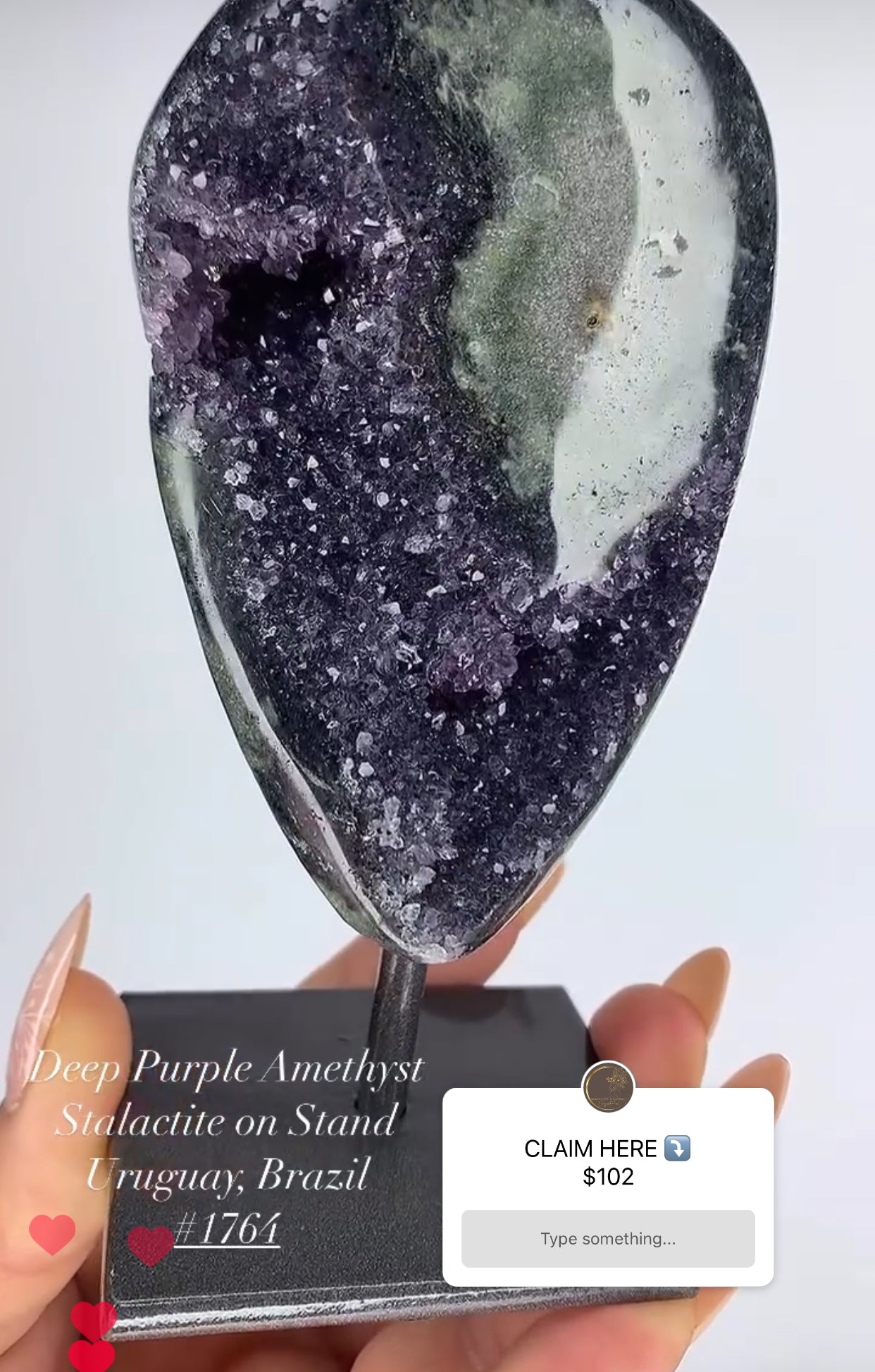 DEEP PURPLE AMETHYST STALACTITE ON METAL STAND