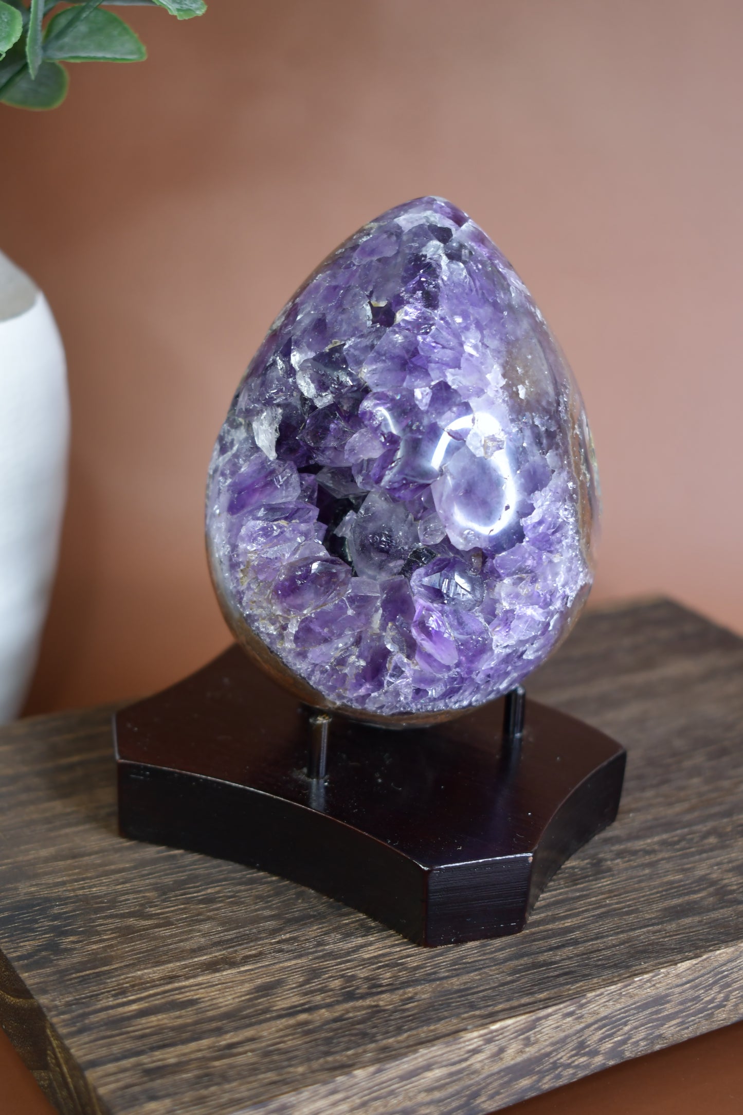 Druzy Amethyst Egg Carving on Wood Stand/ High Quality Crystals/ Healing Crystals/ Crystals on Stands/ Brazilian Crystals/ Home Decor/ Gifts