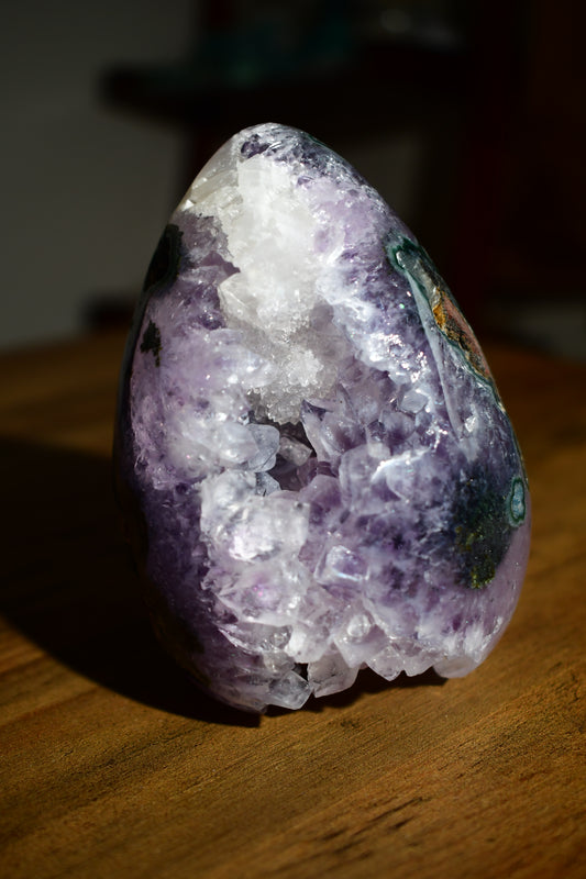 Druzy Amethyst Egg Carving on Wood Stand/ High Quality Crystals/ Healing Crystals/ Crystals on Stands/ Brazilian Crystals/ Home Decor/ Gifts