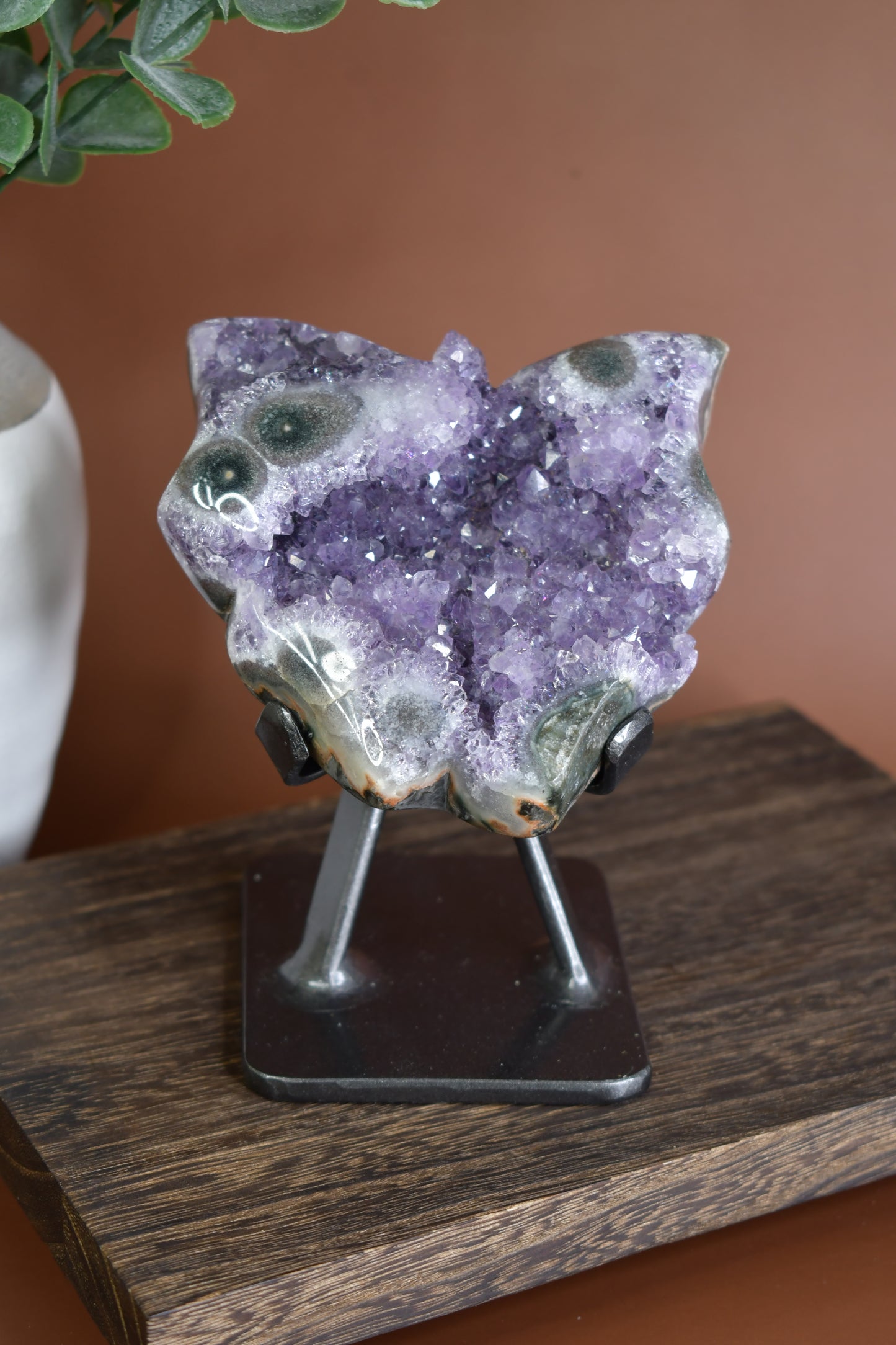 Druzy Amethyst and Stalactite Butterfly Carving on Metal Stand/ High Quality Crystals/ Healing Crystals/ Crystals on Stands/ Brazilian Crystals