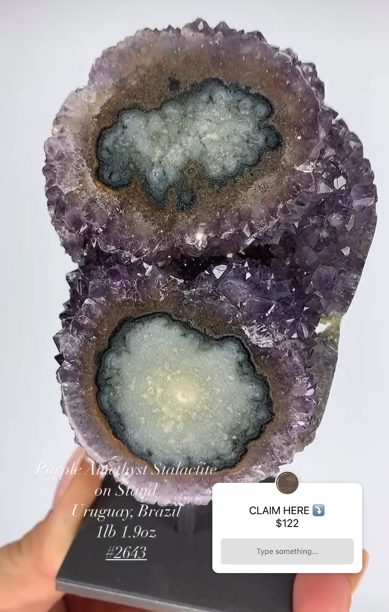 PURPLE AMETHYST STALACTITE ON METAL STAND