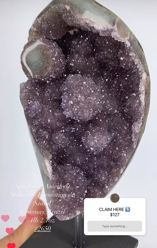 PURPLE AMETHYST DRUZY STALACTITE FORMATION ON METAL STAND