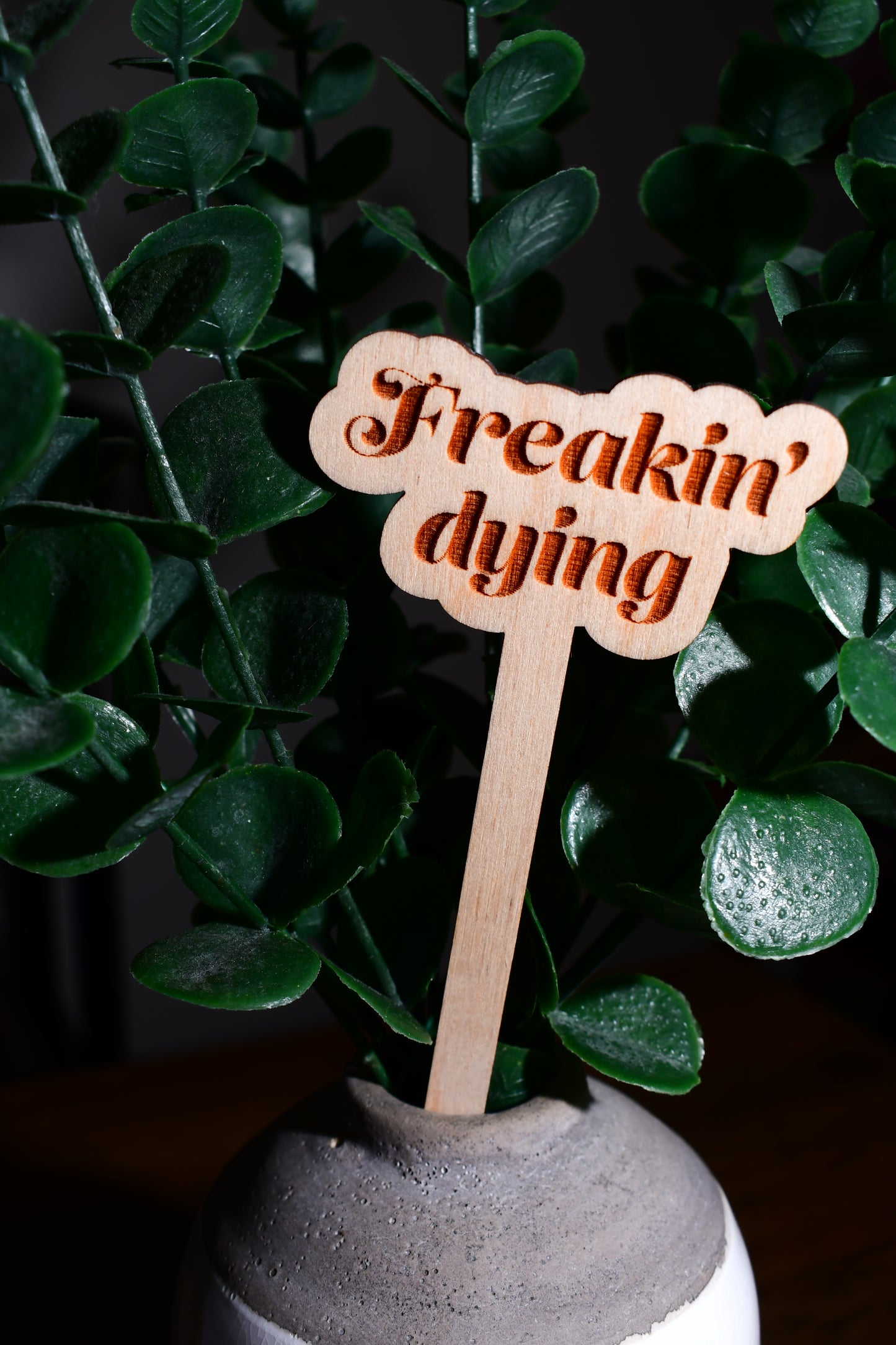 Funny Wooden Plant Marker - "Freakin' Dying"