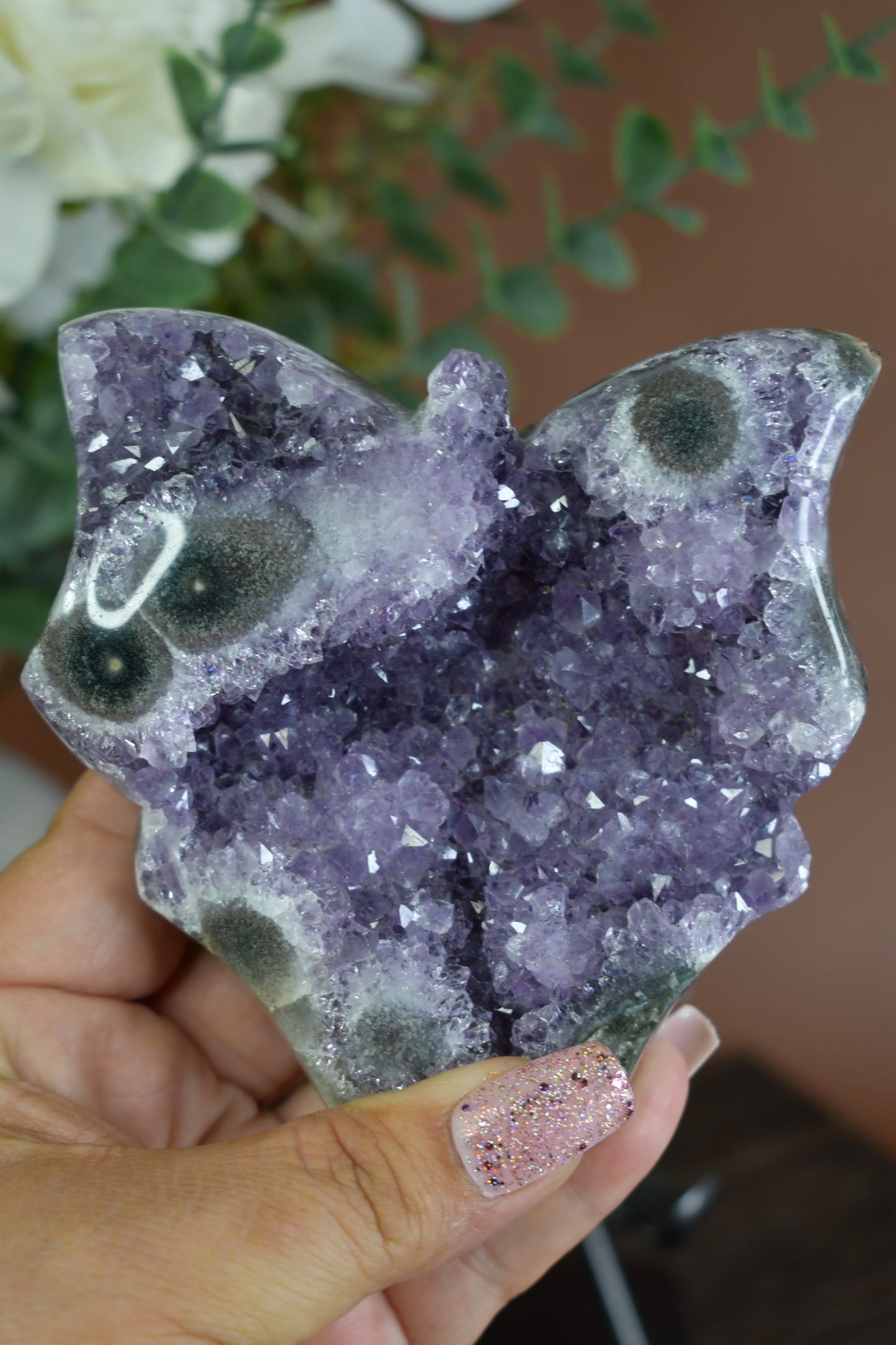 Druzy Amethyst and Stalactite Butterfly Carving on Metal Stand/ High Quality Crystals/ Healing Crystals/ Crystals on Stands/ Brazilian Crystals