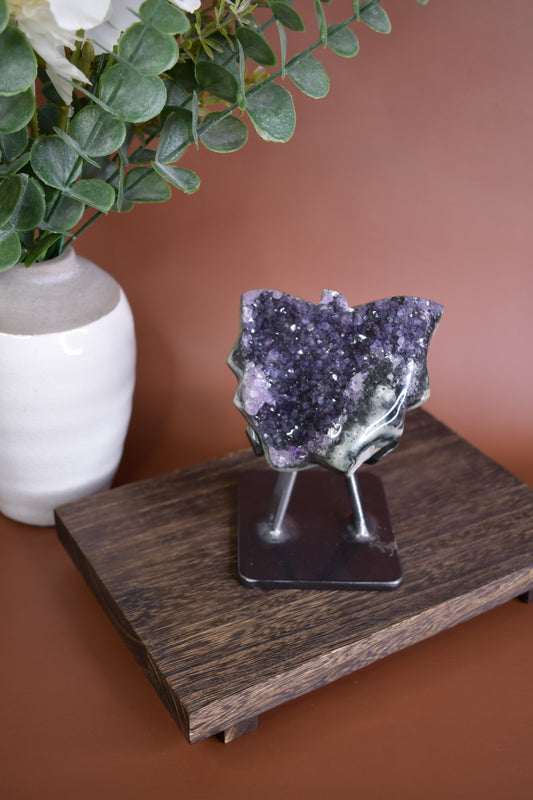 Druzy Amethyst Butterfly Carving on Metal Stand/ High Quality Crystals/ Healing Crystals/ Crystals on Stands/ Brazilian Crystals/ Butterfly Crystals