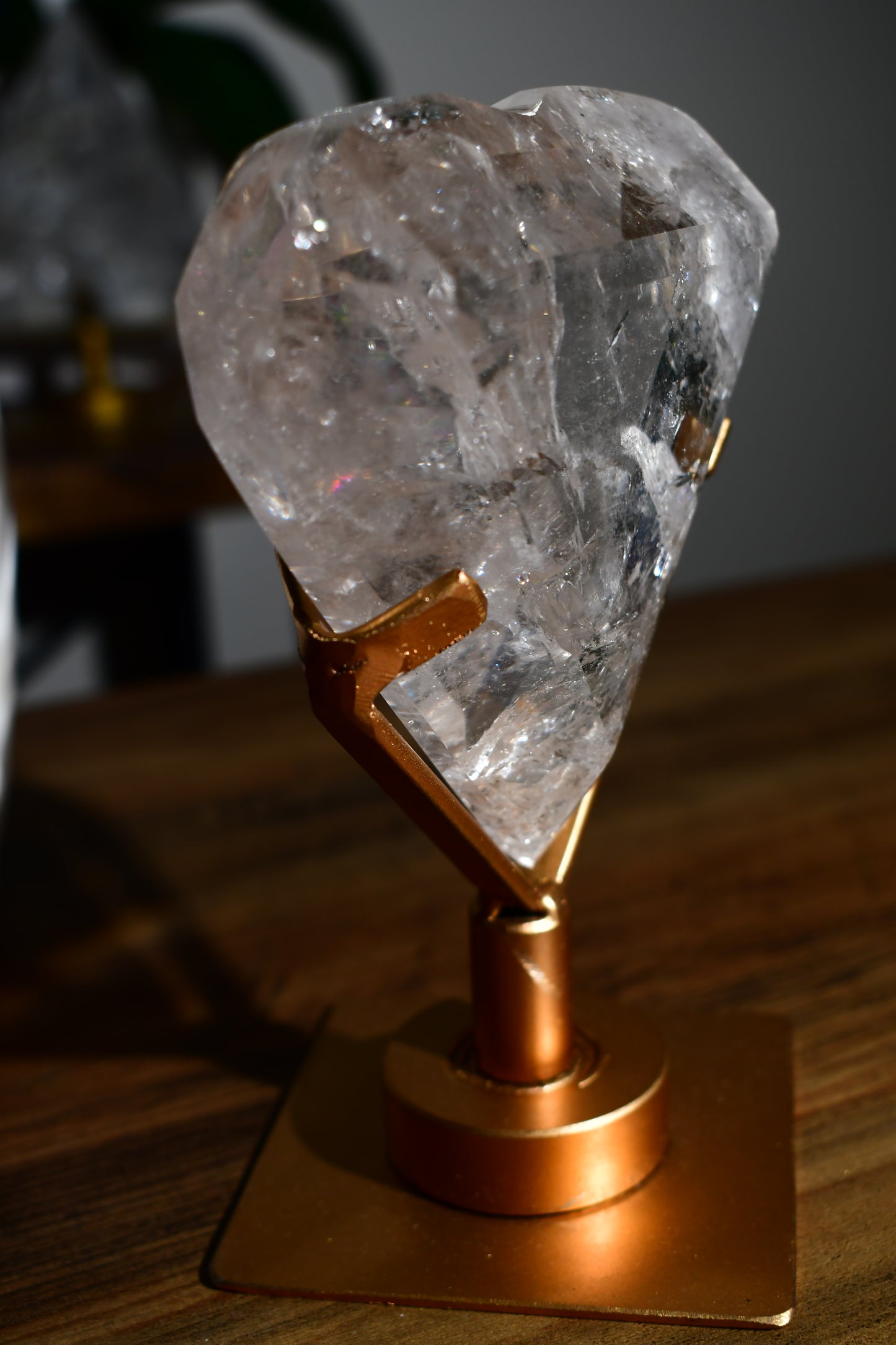 Lemurian Heart Carving with Rainbows on Spinning Stand