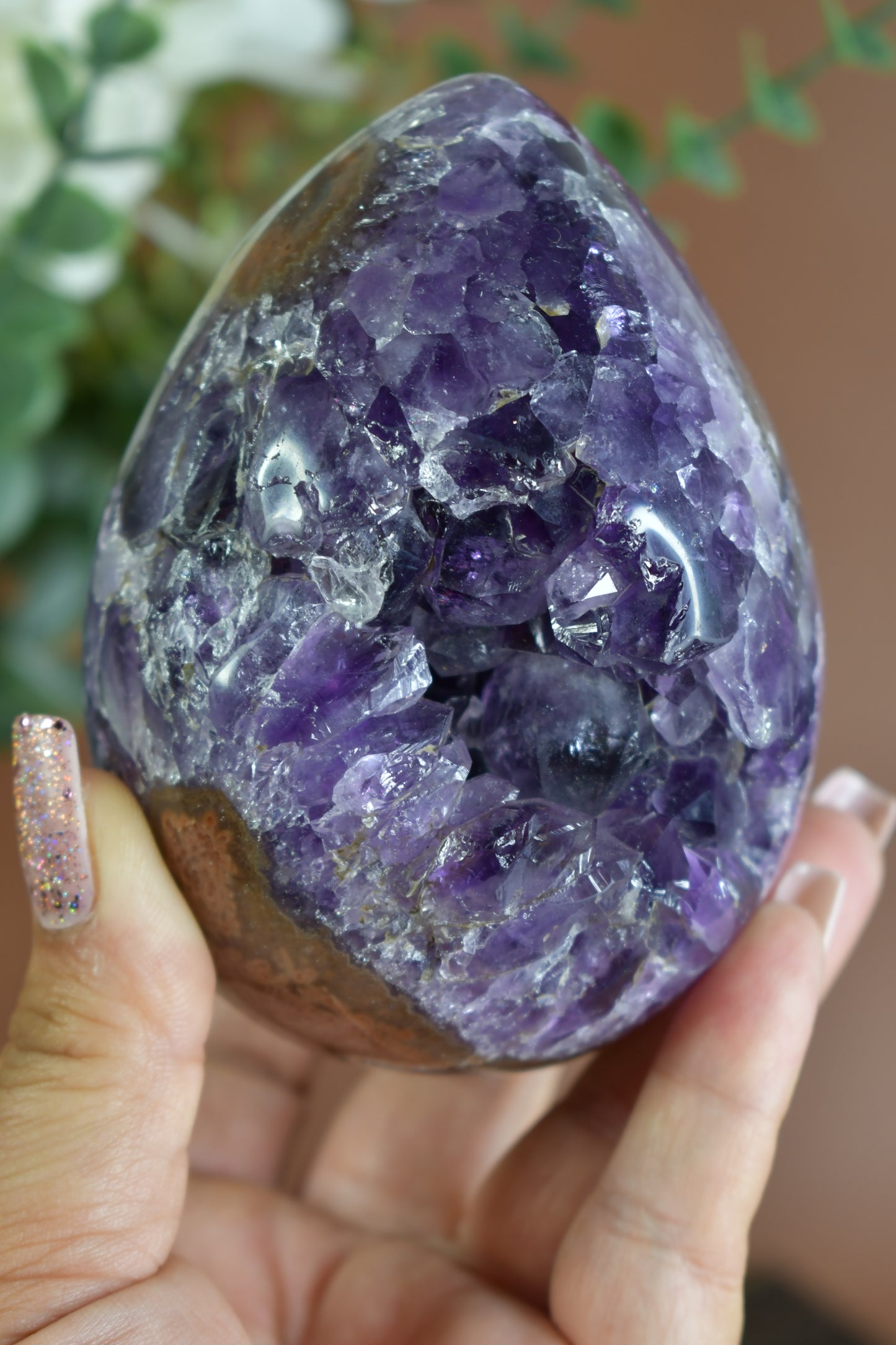 Druzy Amethyst Egg Carving on Wood Stand/ High Quality Crystals/ Healing Crystals/ Crystals on Stands/ Brazilian Crystals/ Home Decor/ Gifts