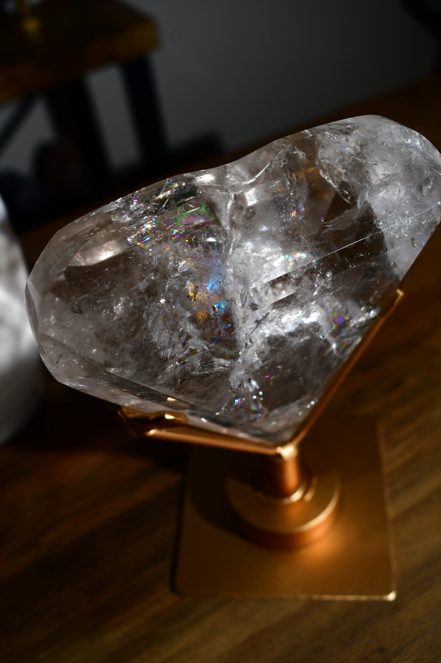 Lemurian Heart Carving with Rainbows on Spinning Stand