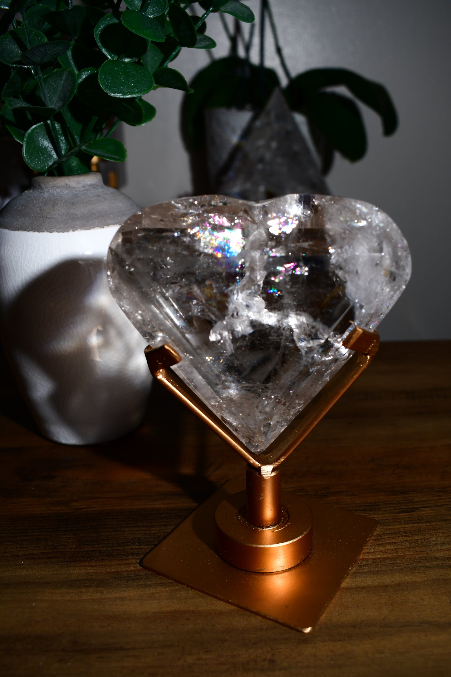 Lemurian Heart Carving with Rainbows on Spinning Stand