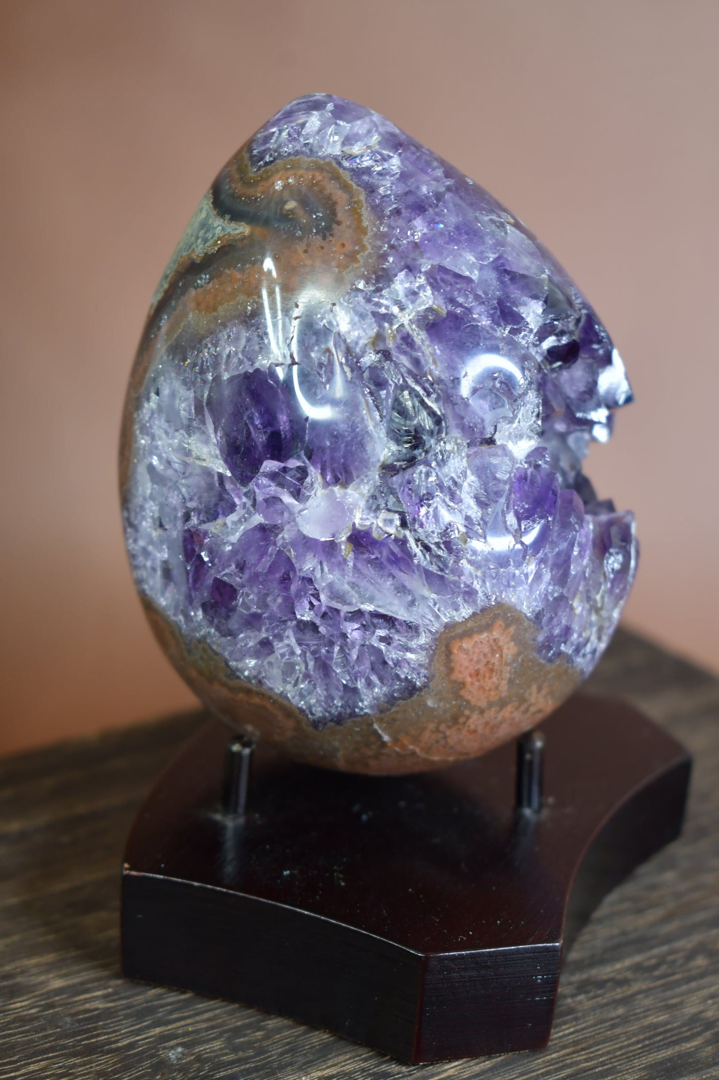 Druzy Amethyst Egg Carving on Wood Stand/ High Quality Crystals/ Healing Crystals/ Crystals on Stands/ Brazilian Crystals/ Home Decor/ Gifts