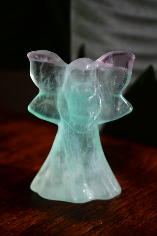 Hand Carved Green Rainbow Fluorite Self Standing Angel Carving