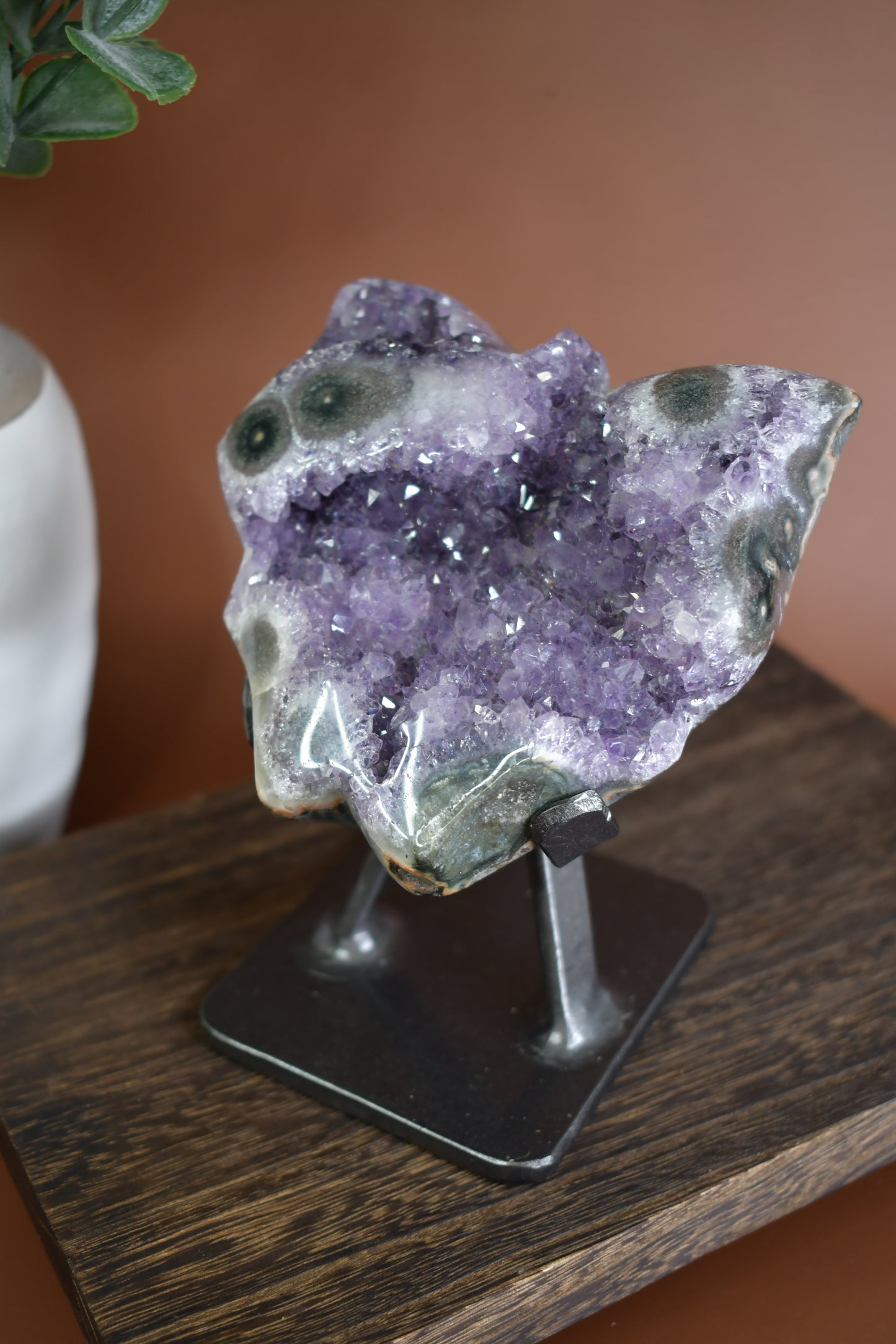 Druzy Amethyst and Stalactite Butterfly Carving on Metal Stand/ High Quality Crystals/ Healing Crystals/ Crystals on Stands/ Brazilian Crystals