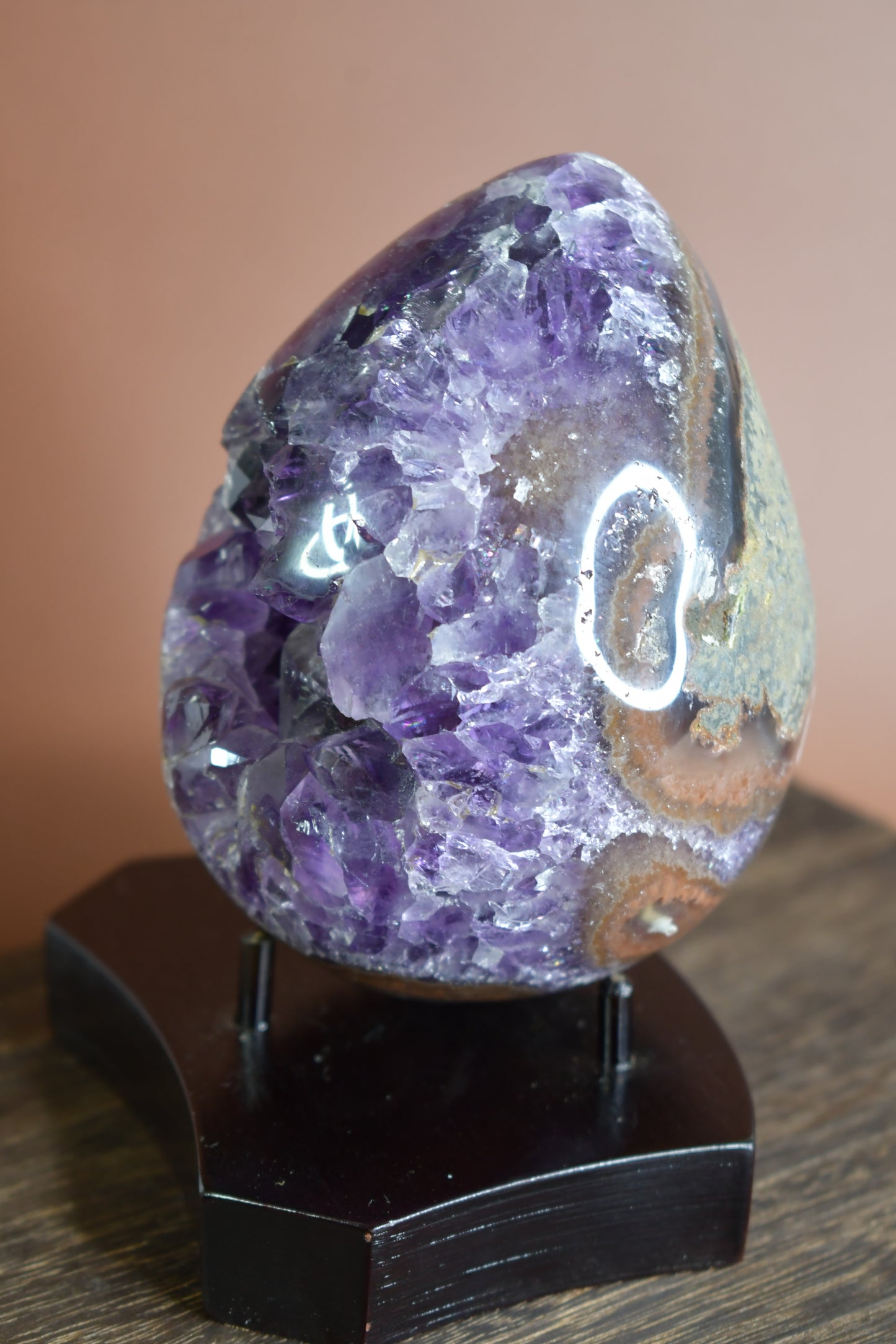 Druzy Amethyst Egg Carving on Wood Stand/ High Quality Crystals/ Healing Crystals/ Crystals on Stands/ Brazilian Crystals/ Home Decor/ Gifts