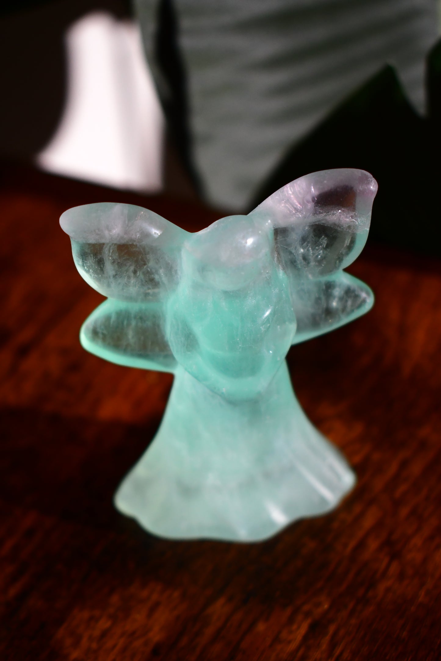 Hand Carved Green Rainbow Fluorite Self Standing Angel Carving