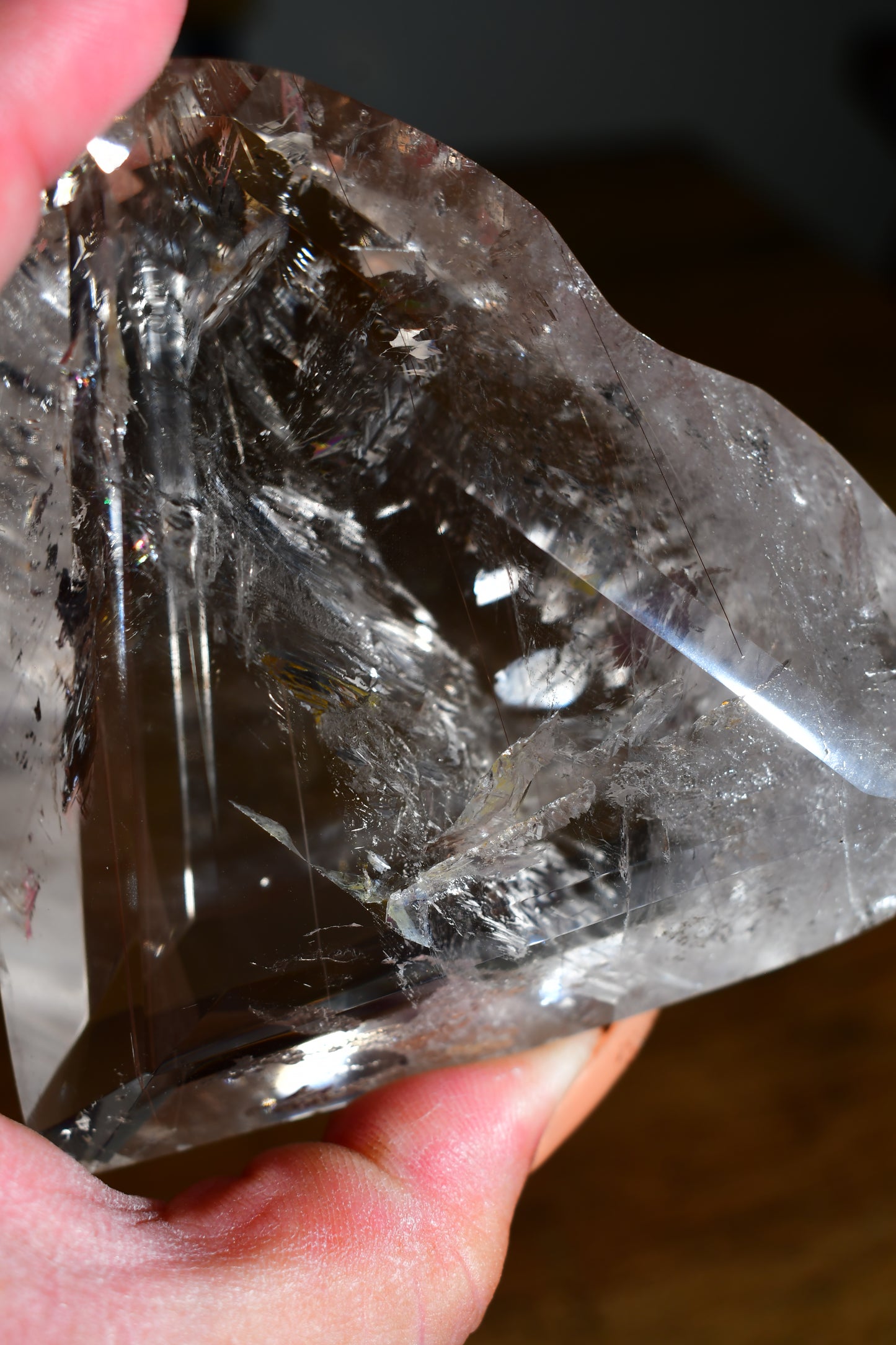 Lemurian Heart Carving with Rutile on Spinning Stand