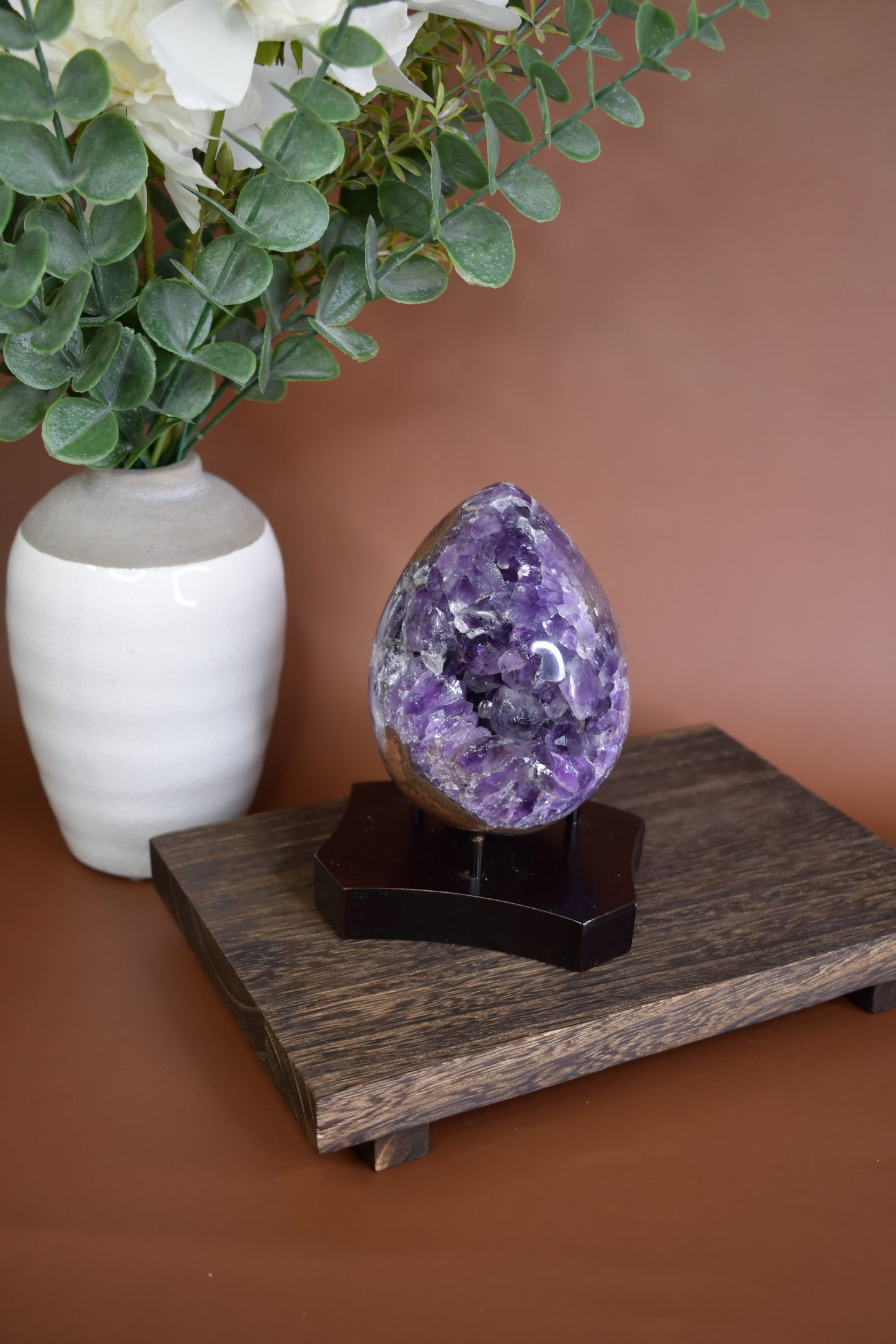 Druzy Amethyst Egg Carving on Wood Stand/ High Quality Crystals/ Healing Crystals/ Crystals on Stands/ Brazilian Crystals/ Home Decor/ Gifts