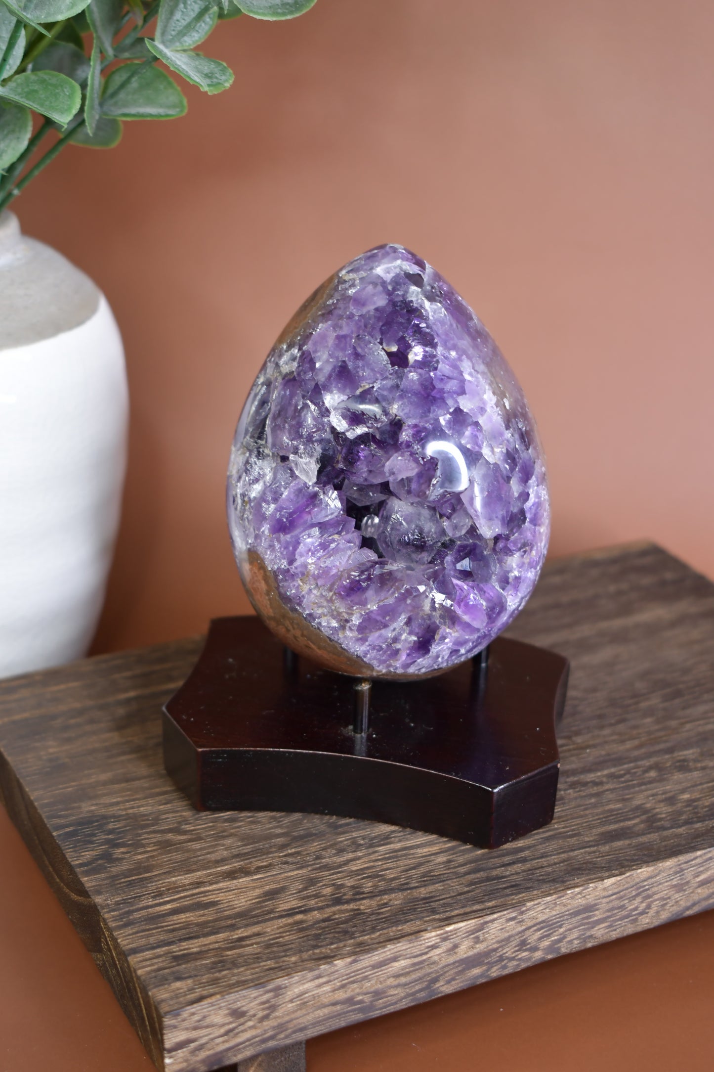 Druzy Amethyst Egg Carving on Wood Stand/ High Quality Crystals/ Healing Crystals/ Crystals on Stands/ Brazilian Crystals/ Home Decor/ Gifts