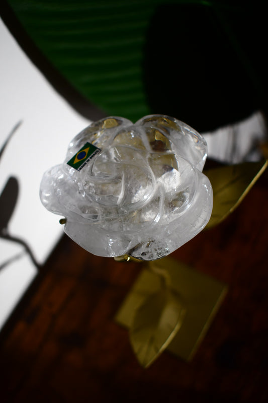 Hand Carved Clear Quartz Rose on a Custom Leaf Stand #3