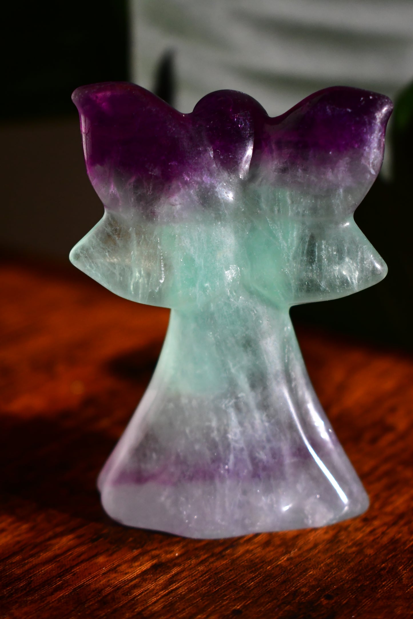Hand Carved Rainbow Fluorite Self Standing Angel Carving